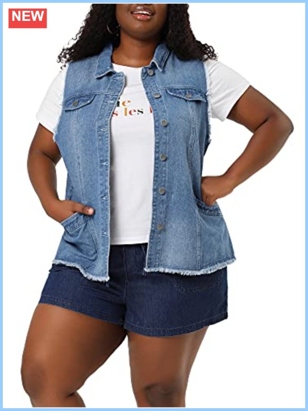 Plus Size Sleeveless Frayed Denim Button Vest
